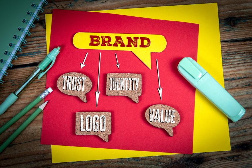 Brand Concept Diagram with Trust, Identity, Logo, and Value on Colorful Desk Background.