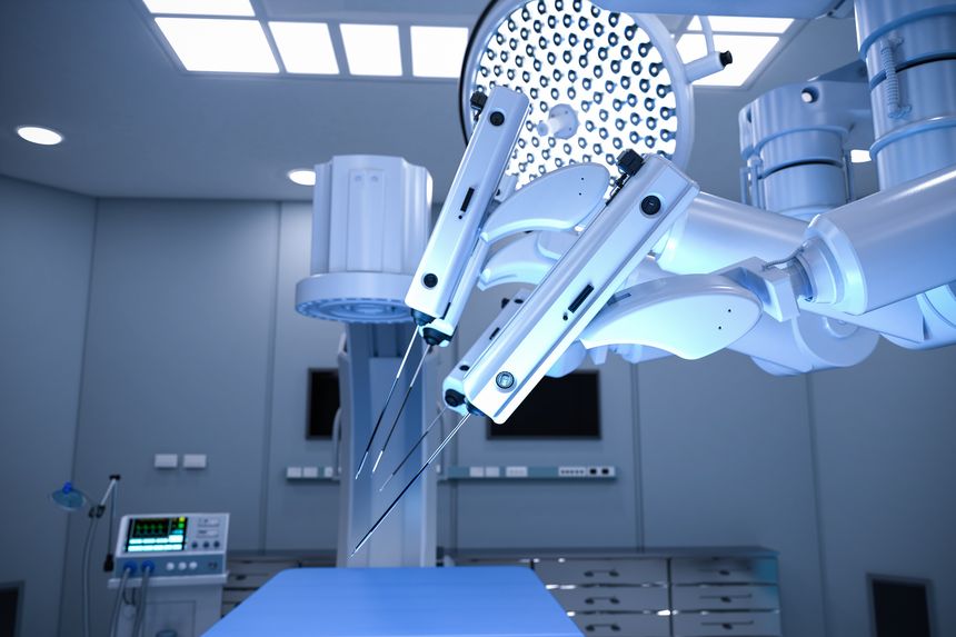 3d rendering hospital surgery room with C-Arm machine and surgery robot