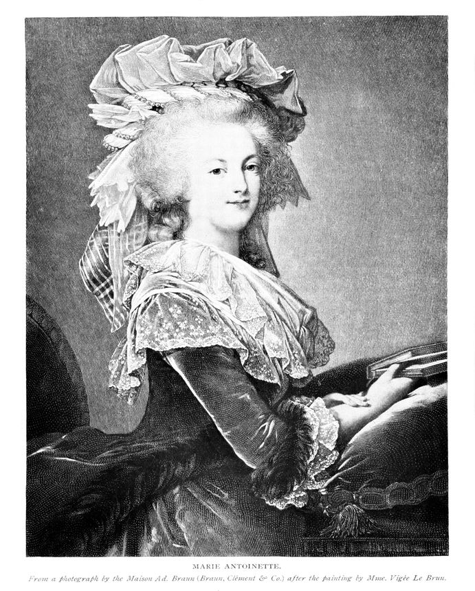 Portrait of Marie Antoinette (November 2, 1755 –October 16, 1793), was the last Queen of France, married to King Louis XVI before the French Revolution. Painting by artist Élisabeth Vigée Le Brun. Engraving published 1898  Original edition is from my own archives.  Copyright has expired and is in Public Domain.
