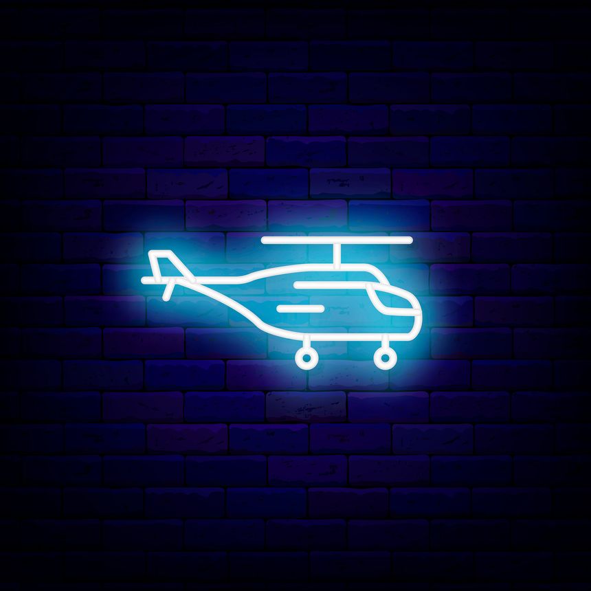 Helicopter neon label on brick wall. City air taxi. Airport symbol. Flight copter passenger. Bright flyer. Travel activity. Editable stroke. Vector stock illustration