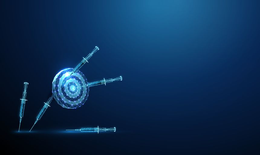 Syringe aimed at the center of a target, syringes outside the target, fallen or missing the mark. Concept of drug efficacy, research, testing, precise drug delivery, pharmacogenetics. Low poly Vector.