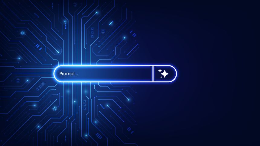 Concept of AI generate a prompt. Generative and search bar on futuristic circuit motherboard. Artificial intelligence technology for digital content and automated data transformation. Vector.