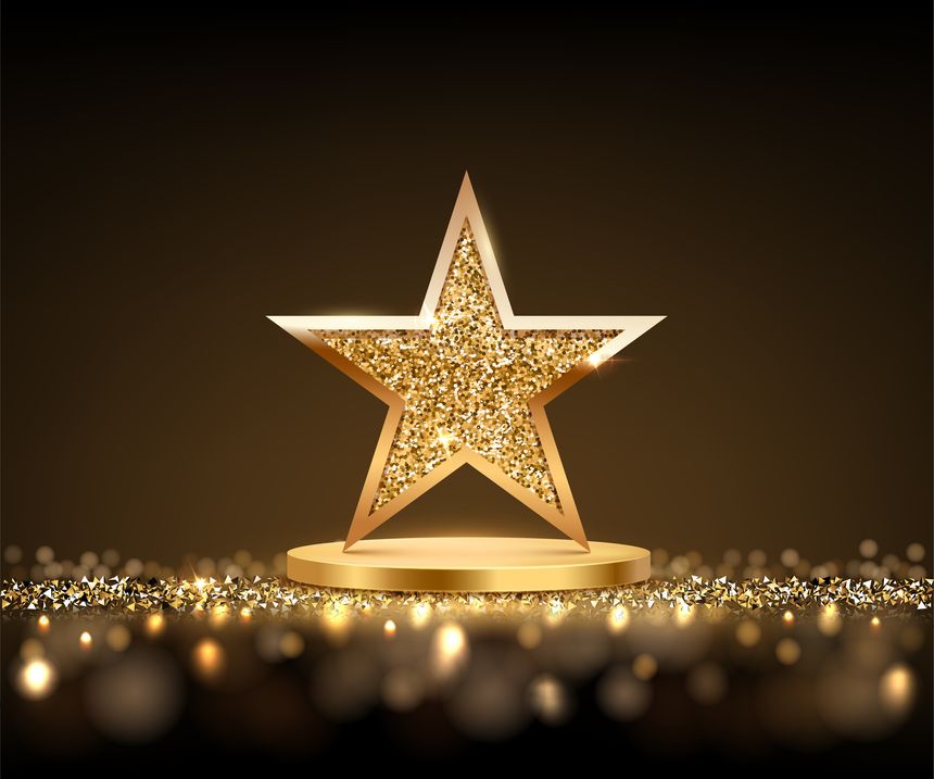 Gold podium with glitter star on top. Golden award platform with glowing star and confetti floor isolated on black background. Abstract vector illustration for product presentation or winner ceremony.
