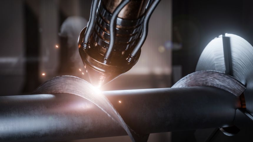 High-precision CNC 3D printing process of a large metal auger using a rotary axis. The footage shows additive manufacturing with a robotic laser head building up metal layers on a rotating part. CGI