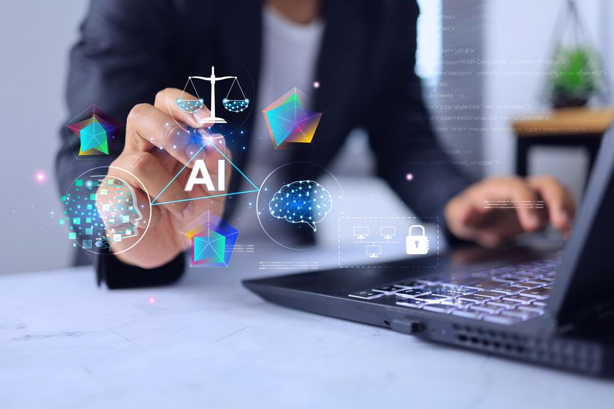 AI concept with business man using artificial intelligence to create work and paying attention to human creativity and protection of copyright laws