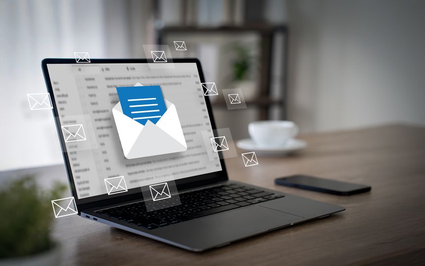 Mail Communication Connection message to mailing Inbox email client and floating envelope icons on a wooden desk, newsletter delivery and notifications.