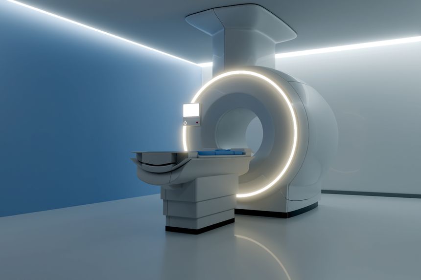 Advanced MRI or CT scanner in a sleek, futuristic medical imaging suite. 3D rendering.