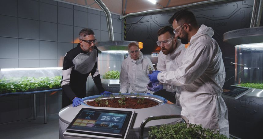 Medium shot of scientists examining seedlings before planting them on a Mars base