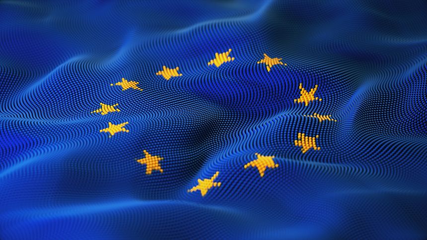 European Union Flag textured on futuristic abstract digital landscape. Block Shape Flag Concept