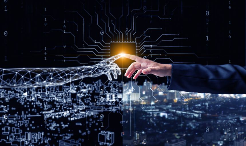 Digital twins concept. A man's finger touches a digital finger, bridging the physical and digital worlds for business and technology simulation modeling