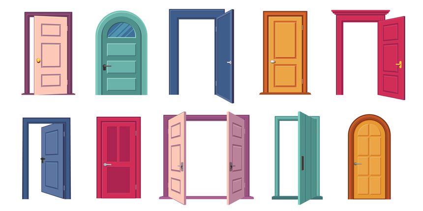 Open and closed door collection. Cartoon entrance and exit doors with handles and frames, home exterior architecture concept. Vector set of door open collection illustration
