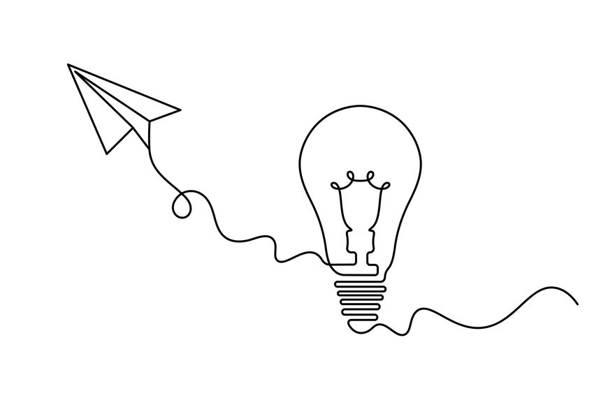 Paper Airplane and Light Bulb Single Line Art Creative Idea Concept Vector Illustration.