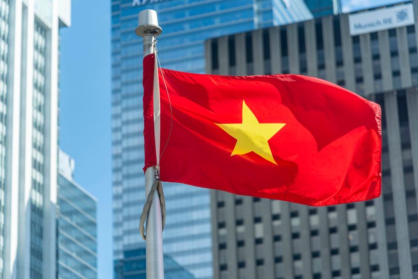 The Vietnamese flag on a flag pole at Toronto City Hall’s Nathan Phillips Square.