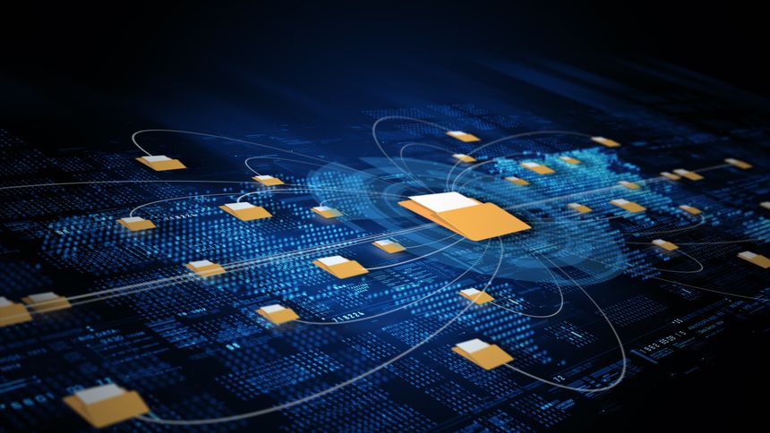 Abstract concept of data file sharing network showing folders connected across a glowing blue digital grid, ideal for storage, cloud, and cybersecurity themes. Big data background 3d rendering