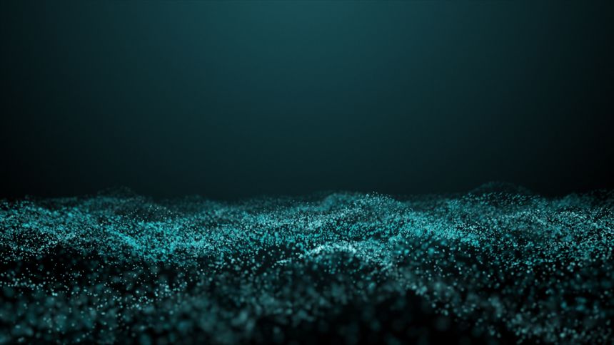 Turquoise space of glowing particles. Green waves of chaotic dots. Dark green background Mint fresh template, green background mockup. Seabed, scientific background.