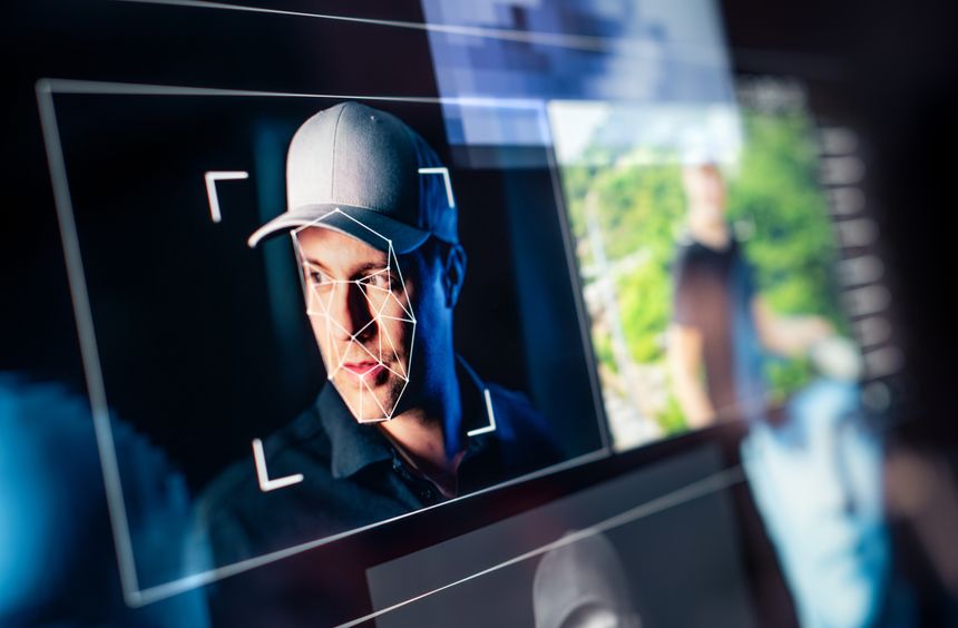 Deep fake and AI deepfake. Theft or fraud video. Face recognition and photo detection with artificial intelligence. Machine learning and computer id analysis system technology.