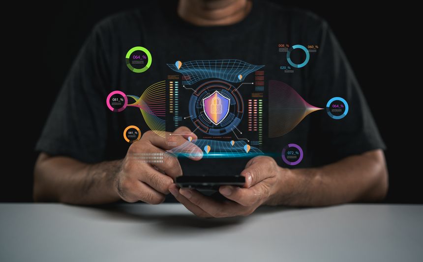 Hands Holding Smartphone with Cybersecurity Graphics Displayed, Data Protection Concept Illustrating Digital Security and Privacy Tools