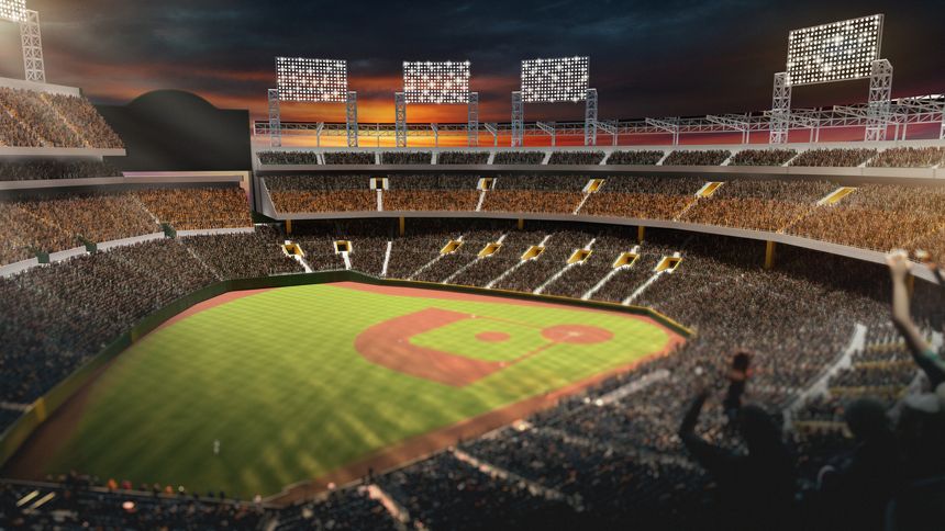 3D rendered baseball stadium at sunset with packed crowd and glowing lights. Concept of major league atmosphere, fan excitement, competitive energy, and immersive sports visuals.
