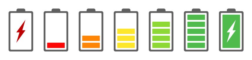 battery power level icon set, red empty pictogram, green full charged symbol, charging indicator