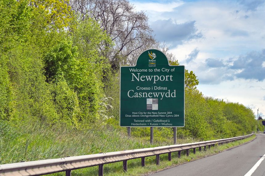 Newport, Wales, UK - 28 April 2024: Welcome to Newport sign on the M4 motorway