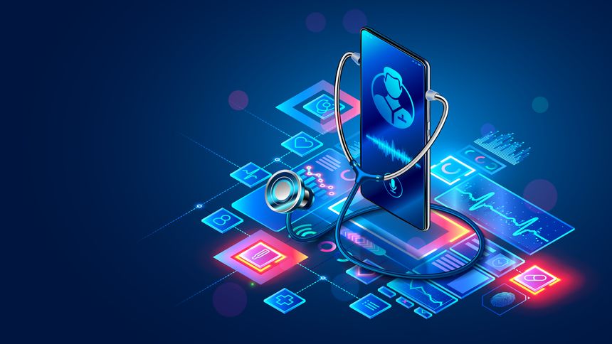 Doctor online consultation concept. Medical technology icons and graphics around phone screen with therapist on chat in messenger, online doctor consultation via internet. Doctor Online Telemedicine.