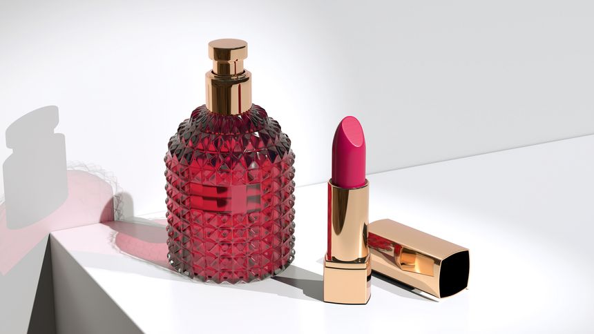 Trendy lipstick, ribbed perfume bottle mockup, suitable for fragrance branding projects and product concept presentations, Ideal for holiday or special occasion marketing, 3d rendering
