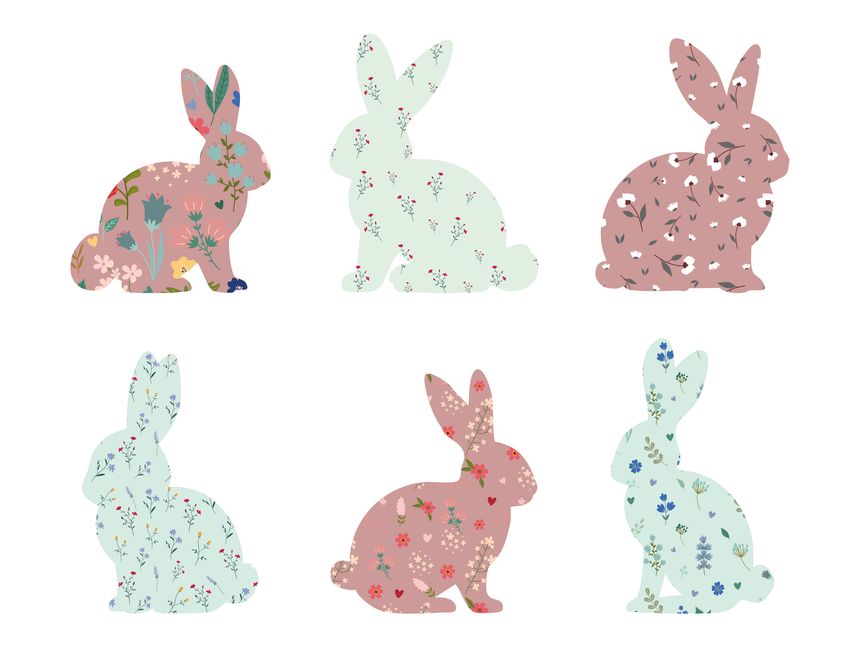Cute pastel rabbit silhouettes with floral patterns. Spring themed bunny shapes with soft colors and flowers. Simple decorative animal illustration set perfect for easter design, fabric, prints.