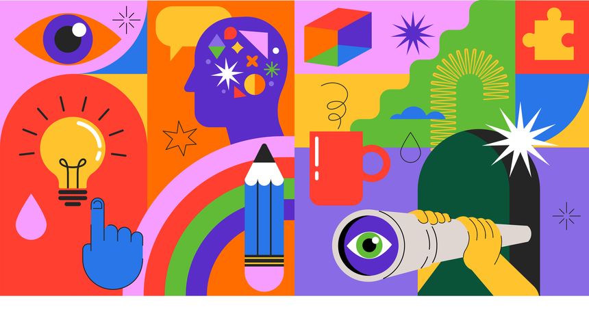 Idea, thinking out of the box, creativity and design background, banner, poster. Geometrical style vector design with light bulb, brain, pencil. Colorful concept illustration