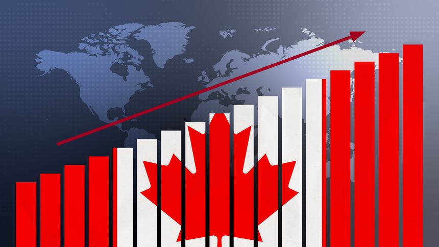 Canada flag on bar chart concept with increasing values, economic recovery and business improving after crisis and other catastrophe as economy and businesses reopen again