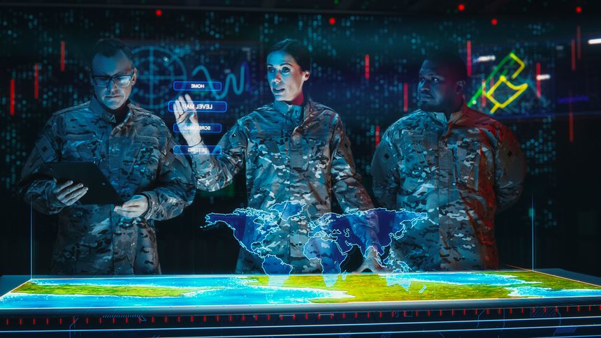 Futuristic High Tech Warfare: Military Intelligence Specialists use Augmented Reality Table Map to Scan Enemy Base. Army Recoinessance Using Advanced Sattelite Surveillance Technology For War
