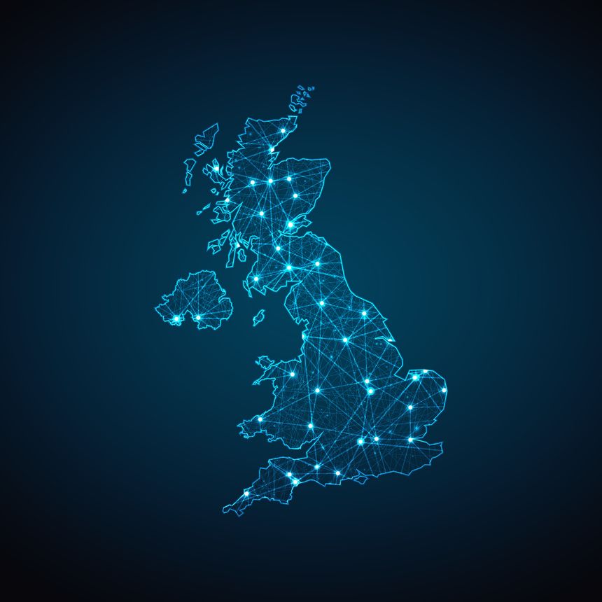 United Kingdom map geometric mesh polygonal light. Business wireframe mesh spheres from flying debris blue structure style. Vector illustration EPS10