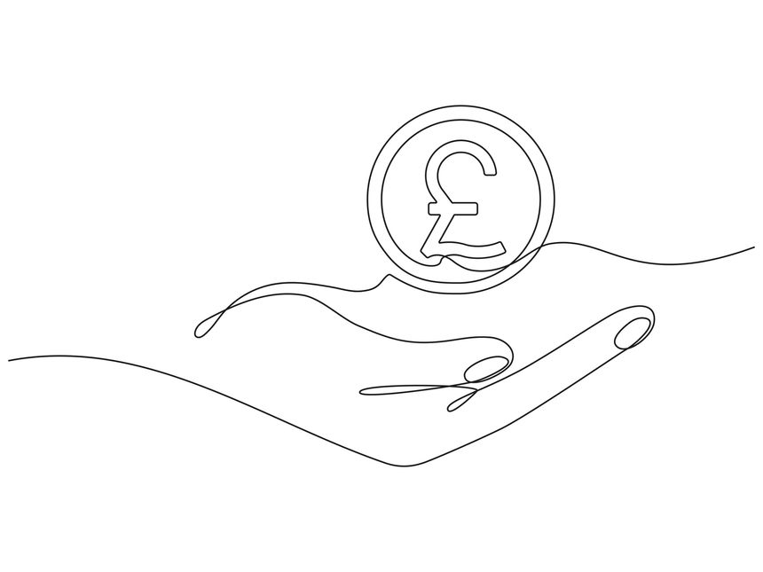 Hand holding coin continuous one line drawing art. Pound sterling linear symbol. Savings money concept. Vector isolated on white.