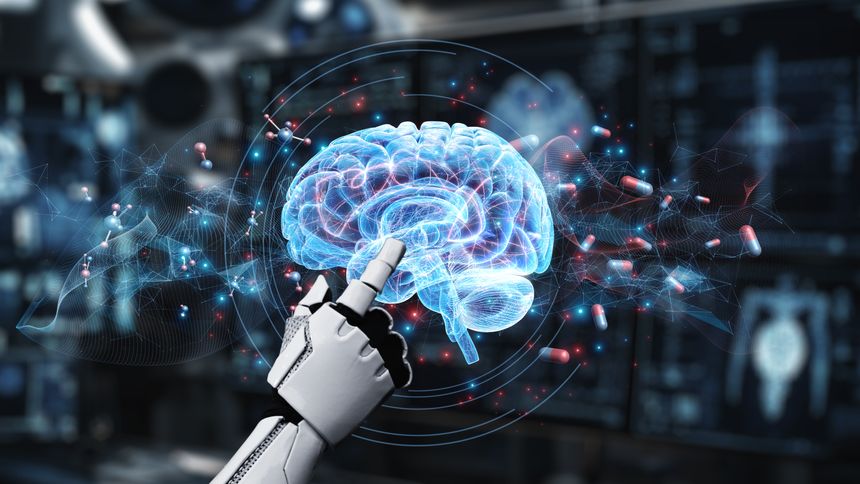 Close up of robotic hand pointing and clicking at brain holographic to access medical data or diagnosis symptom. Robotic hand checking at brain anatomy while using AI analyzing symptom. Salubrious.