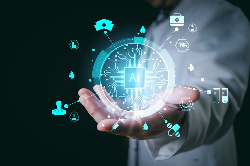 Medical worker touch virtua medical AI technology services concept.Medical worker hold virtual medical revolution and advance of technology Artificial Intelligence and technology for future Health.