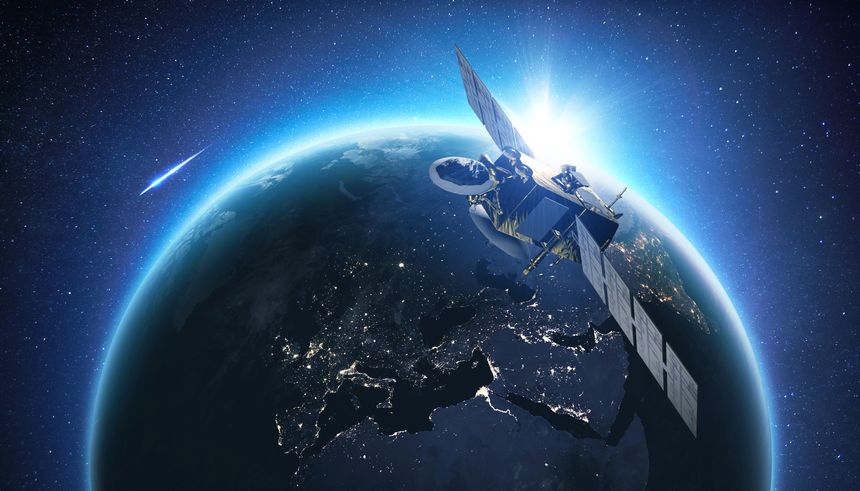 Amazing beautiful blue planet earth with satellite at sunset view from space. Horizon Earth with the lights of night cities. Communication and Telecommunications. Broadcasting. https://assets.science.nasa.gov/content/dam/science/esd/eo/content-feature/nightlights/images/media/BlackMarble_2016_EuroAfrica_composite.png
