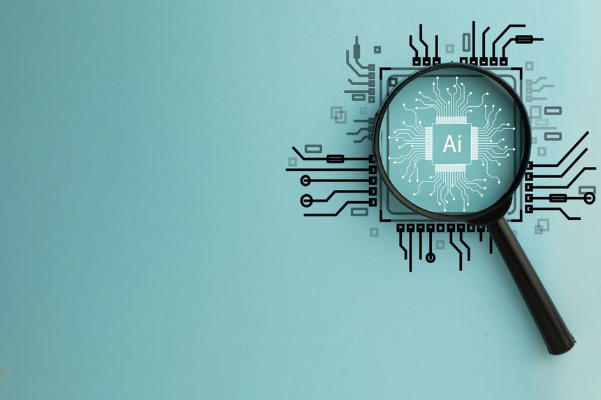 Magnifying Glass Focused on Circuit Board with AI Word, Representing Artificial Intelligence and Technology Innovation.