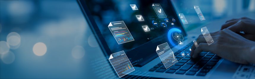 Document management concept, check electronic documents on digital documents on virtual screen Document Management System and process automation to efficiently document paperless operate artificial intelligence (AI)