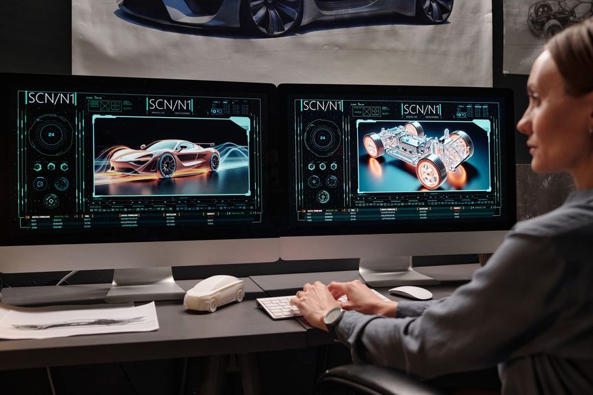 Focus on computer screens with 3d graphic models of new automobiles created by young female designer working in bureau