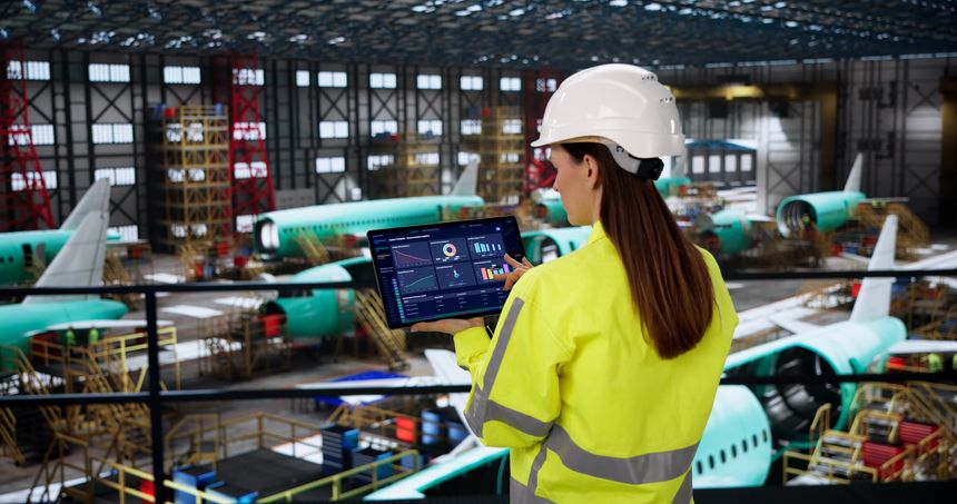 Female Aviation Engineer Reviewing Aircraft Maintenance Status On Tablet In Hangar