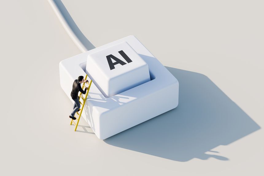Man climbing a ladder leaning against a one key keyboard with the text AI. Symbolizing AI as a simple one stop solution for everything. Artificial General Intelligence AGI. Learning AI