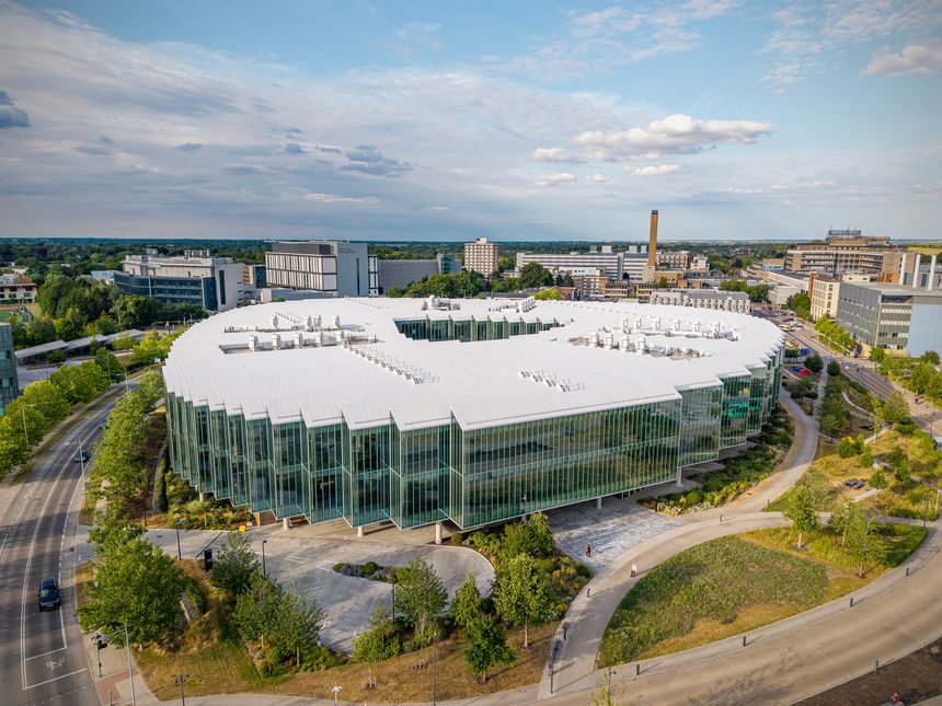 An aerial view of AstraZeneca's Discovery Centre building on the Cambridge Biomedical Campus