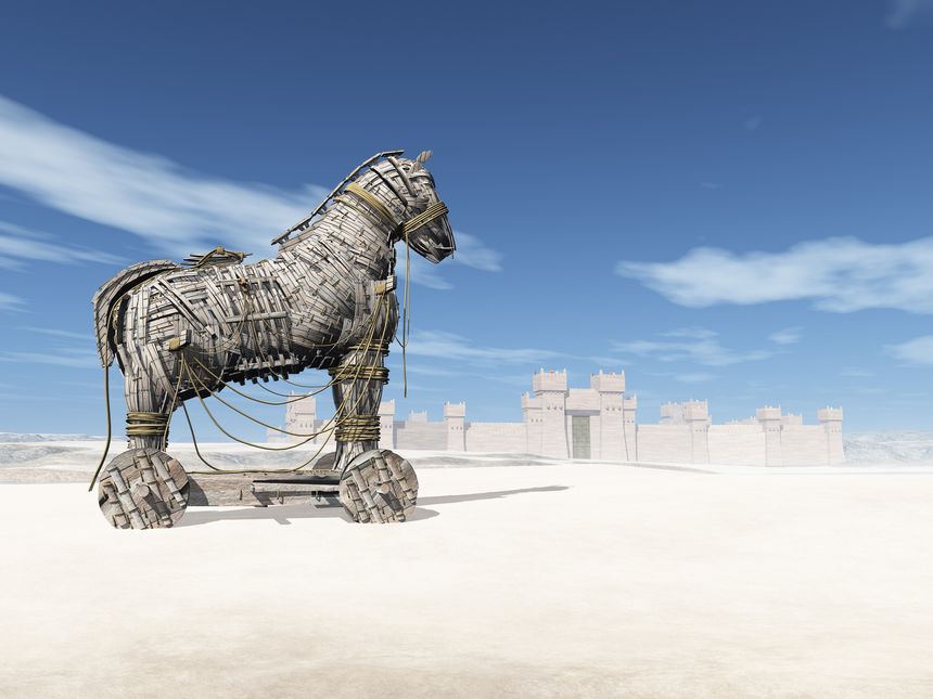 Computer generated 3D illustration with the Trojan Horse at the beach of Troy