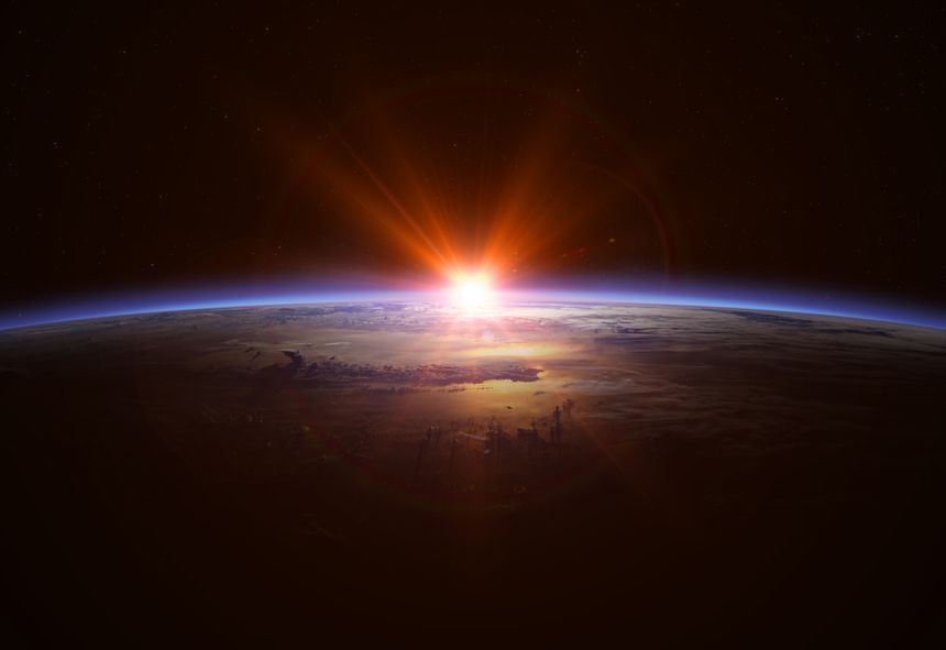 Beautiful blue planet Earth in outer space on background of stars. Sunrise view of the planet Earth from space. View from orbit. This image elements furnished by NASA. ______ Url(s):https://eol.jsc.nasa.gov/SearchPhotos/photo.pl?mission=ISS007&roll=E&frame=10807