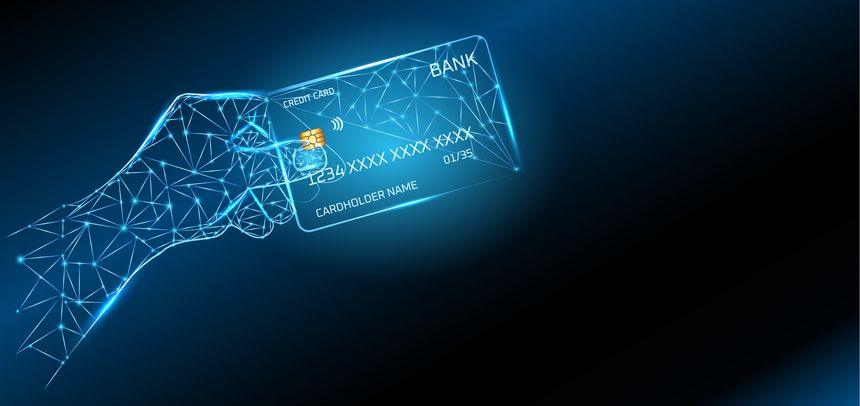 Digital bank card floating in wireframe hand against dark blue background. Low-poly geometric design representing technological connectivity and modern financial services. Glowing blue color scheme emphasizes digital transformation in banking industry.