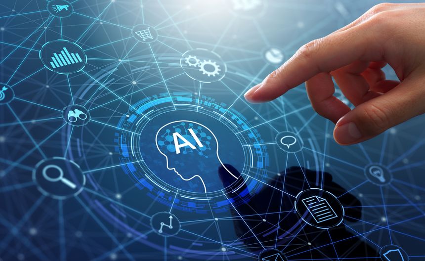Businessman touching head and AI icon on application network system.