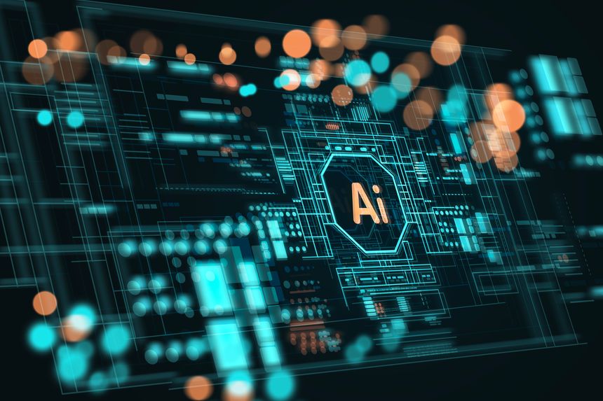 Illustration of AI board with the word AI in the center and abstract bokeh around it. Concept of Artificial Intelligence, Development of AI Technology with space for text.