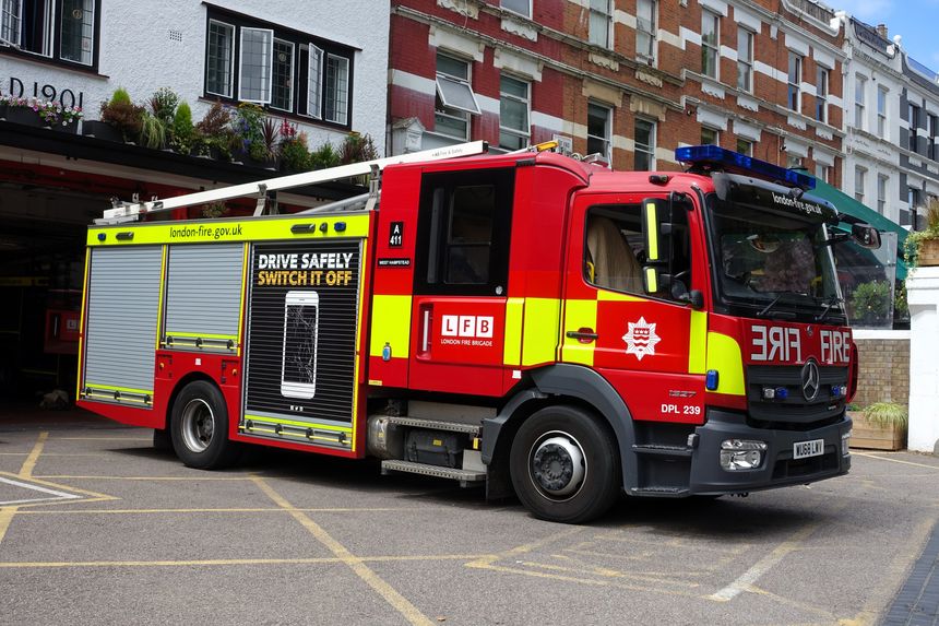 West Hampstead, London, England, UK - July 9th 2025: London Fire Brigade Mercedes-Benz Atego 1327 Emergency One vehicle