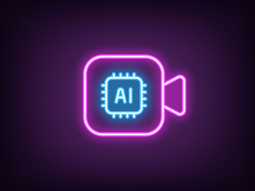 Outline neon AI camera icon, magenta blue. Neon AI video processing algorithms. Neural network for generating movie and music clip, artificial intelligence for video content creation. Vector