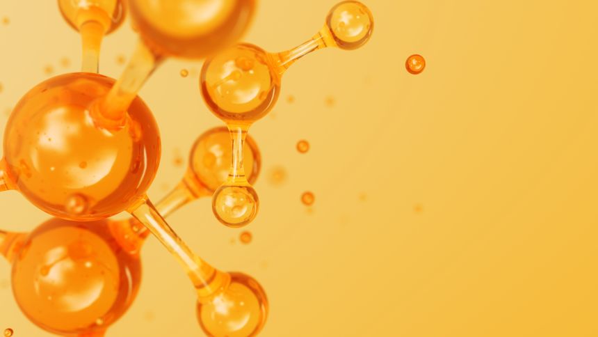 3d Abstract golden glass molecular structures. Cosmetic collagen serum, essence oil, vitamin, hyaluronic acid for skin care. Healthcare concept