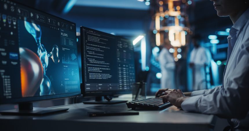 Anonymous Medical Researcher Working in Modern Office on a Desktop Computer with Molecular Modelling Software and Source Code on Screen. Biologist Designing New Drug Molecules to Combat Bacteria